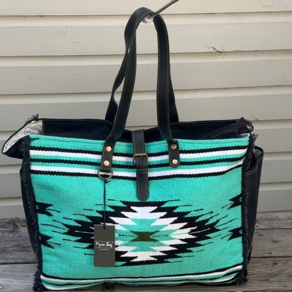 Myra Bag Southwest Woven Canvas Leather Tote Bag Turquoise Black Geometric NEW